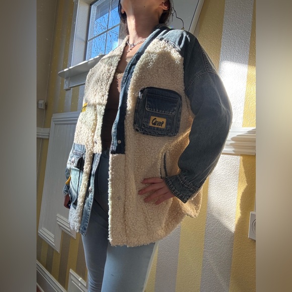 Denim and Sherpa Jacket with Yellow Accents - Picture 2 of 8